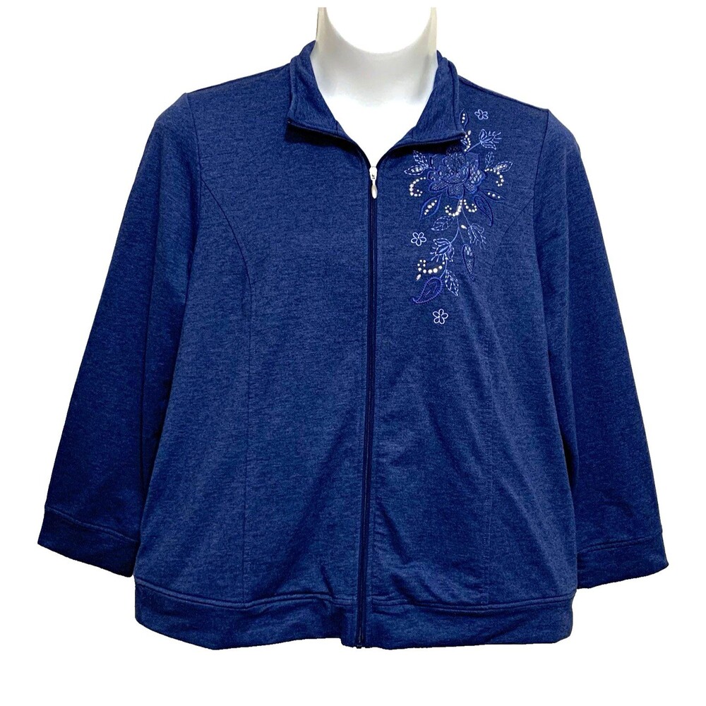 Alfred Dunner Jacket Womens Size XL Blue Floral Embroidered Knit Pockets Zip-Up
